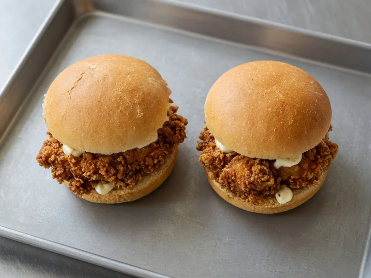 Original food photograph of two small chicken sandwiches on a metal tray, the October 21 two-for-four offer, with no logo.