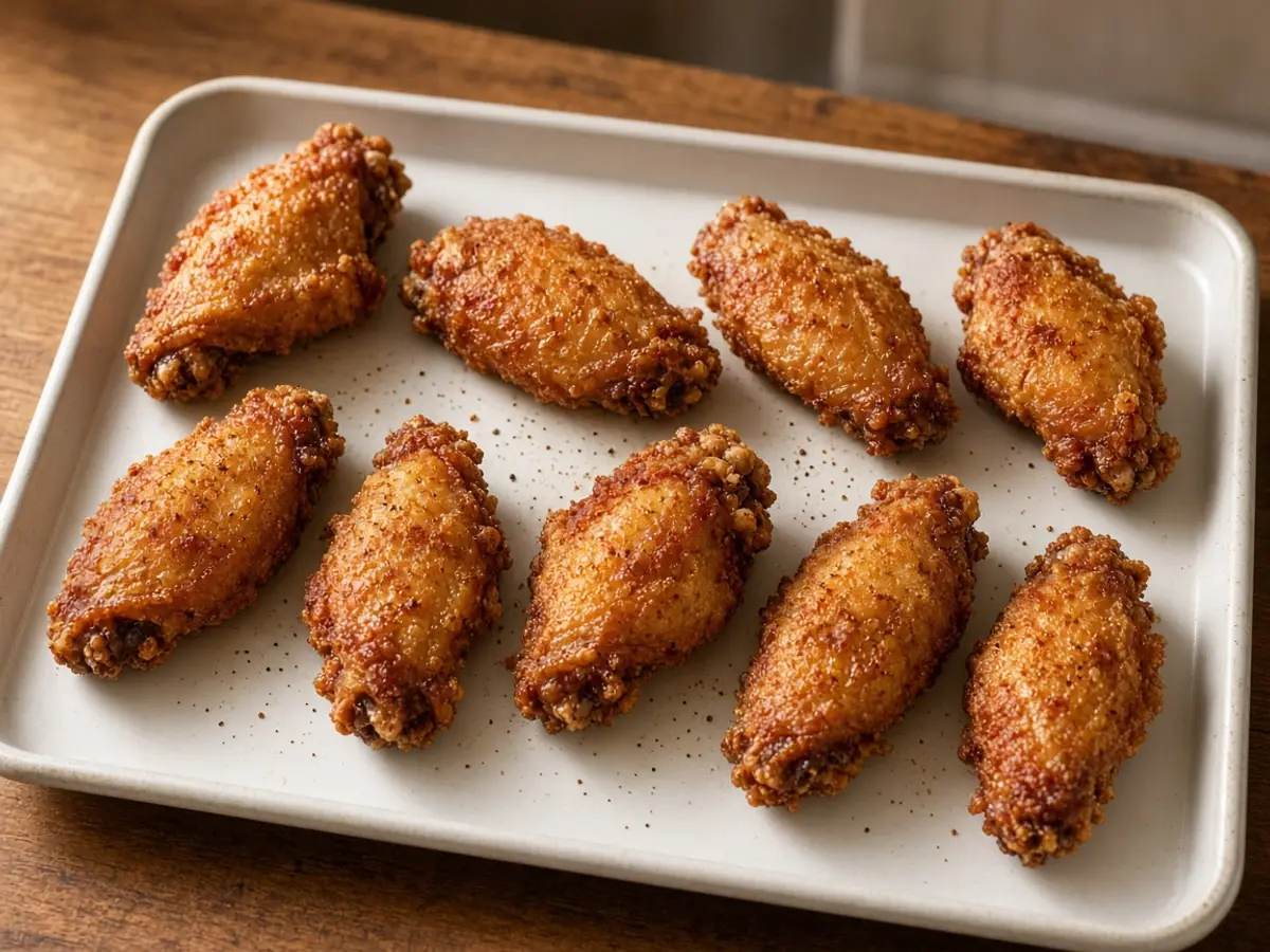 Original food photograph of ten fried chicken wings on a plain tray, with no logo and no sauce bottle.