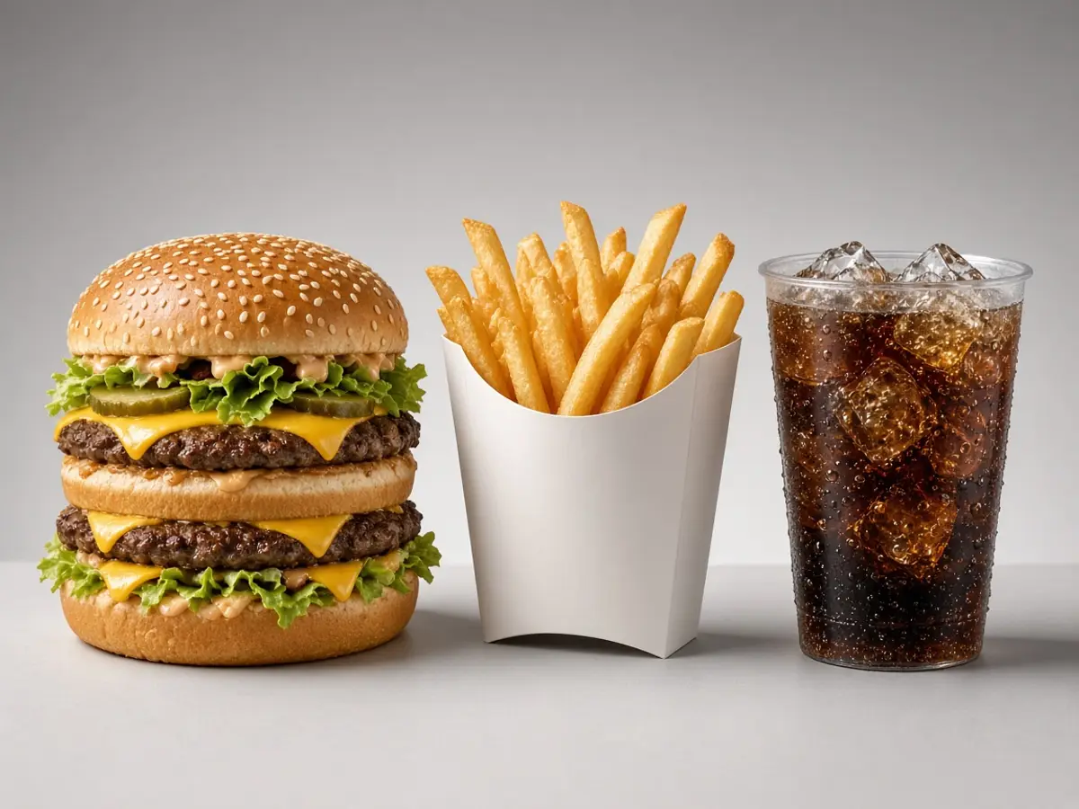 Original food-photo illustration of a double-decker burger meal with fries and a plain drink for McDonald's Big Mac menu prices, not an official logo or product photo.