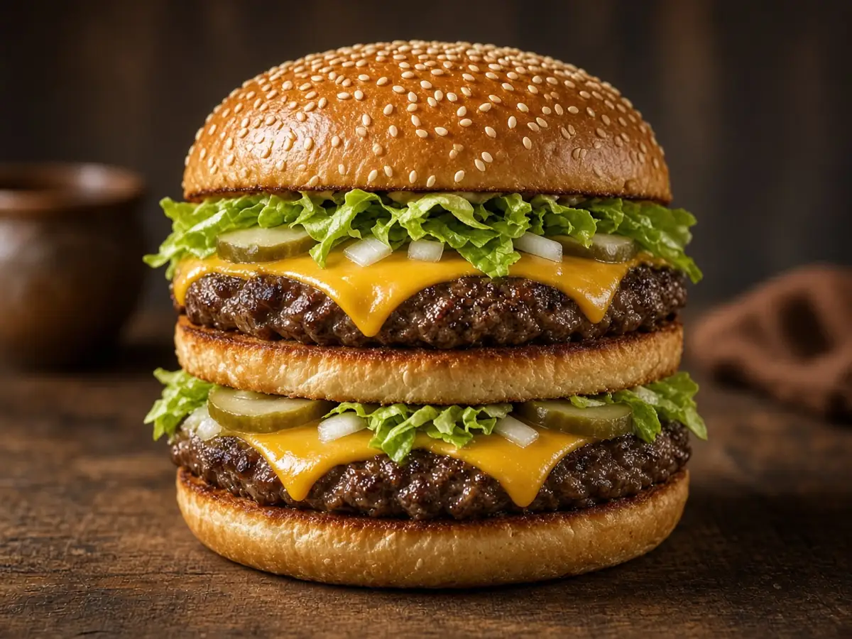 Original food-photo illustration of a double-decker burger with two patties, shredded lettuce, cheese, and pickles for McDonald's Big Mac menu prices, not an official logo or product photo.