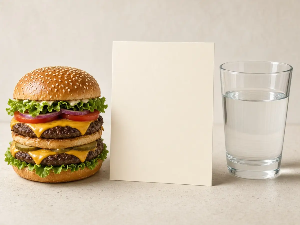Original food-photo illustration of a double-decker burger beside a blank card and a glass of water for McDonald's Big Mac menu prices, not an official logo or product photo.