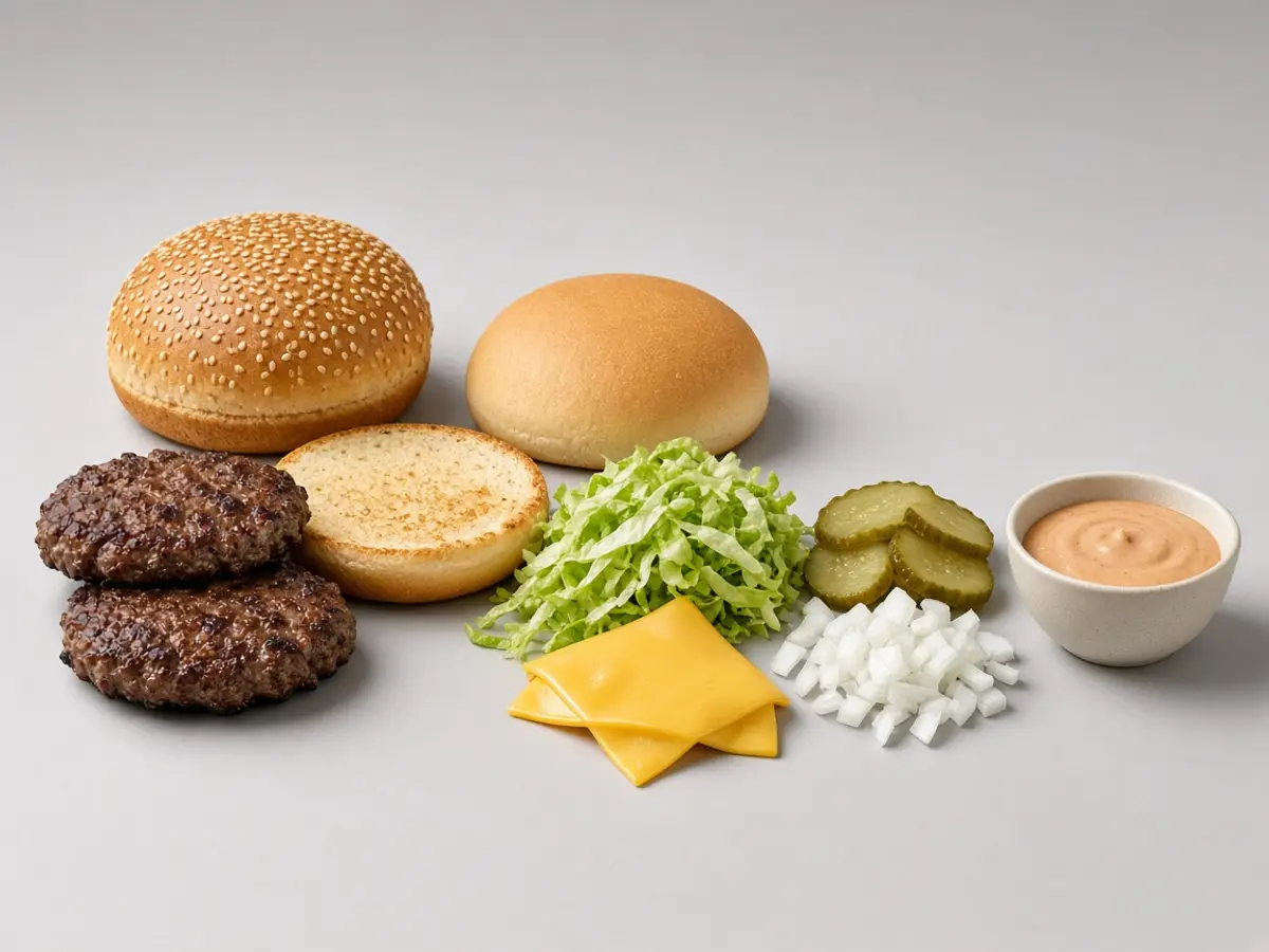 Original food-photo illustration of three bun layers, two patties, lettuce, cheese, pickles, onion, and sauce for McDonald's Big Mac menu prices, not an official logo or product photo.