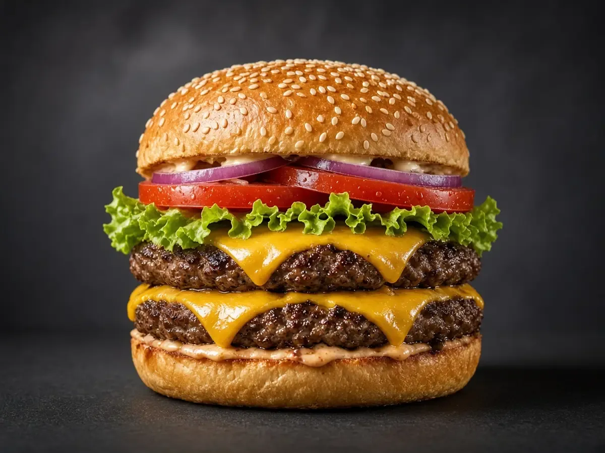 Original food photograph of a double beef burger with cheese, tomato, lettuce, and onion, with no logo.