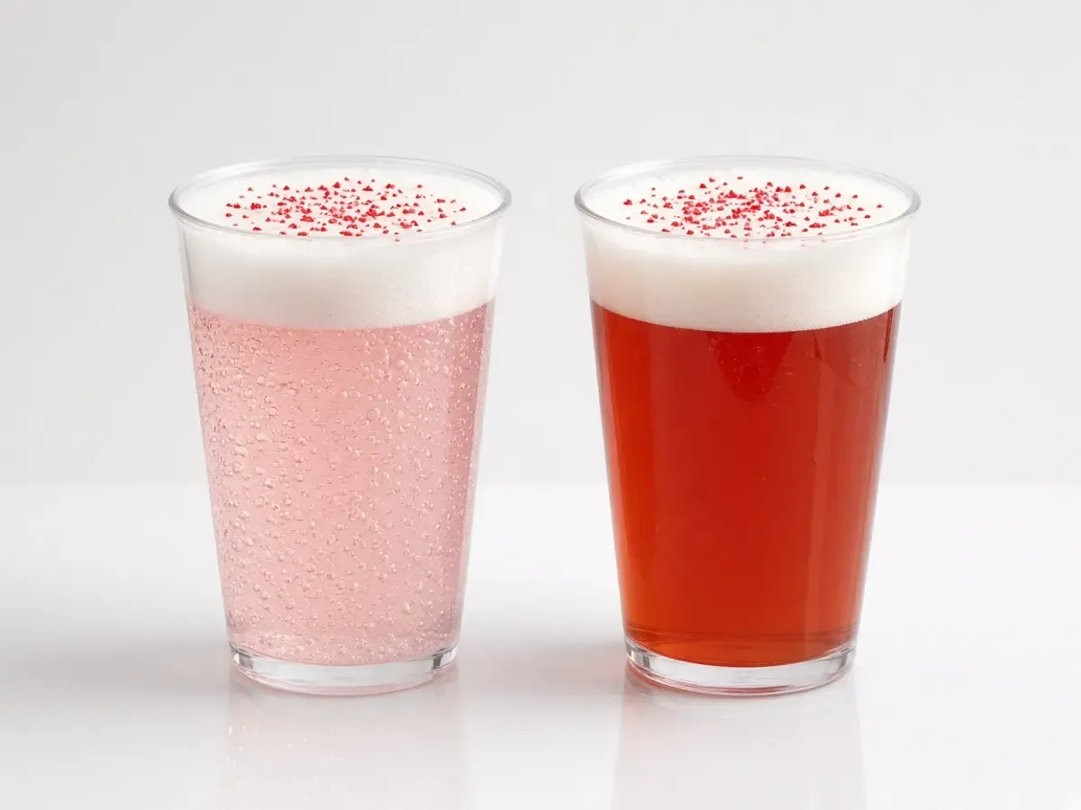 Original drink photograph of two clear cups of cranberry drinks with cold foam and red sprinkles, with no logo.