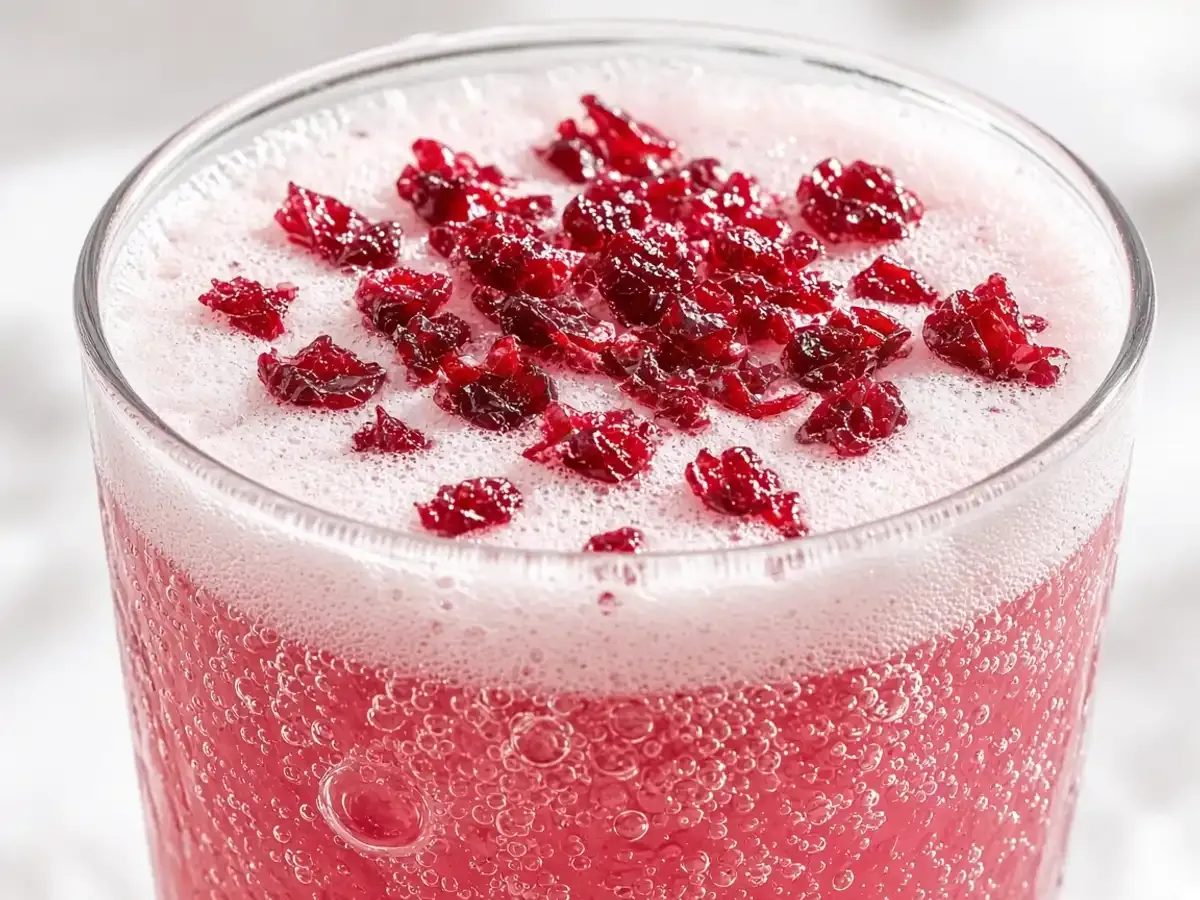 Original drink photograph of white cold foam and red cranberry pieces on a pink bubbly soda, with no logo.