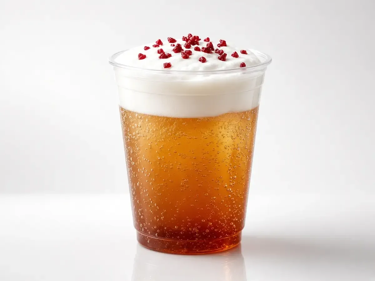Original drink photograph of an amber cranberry drink in a clear cup with white foam and red sprinkles, with no logo.