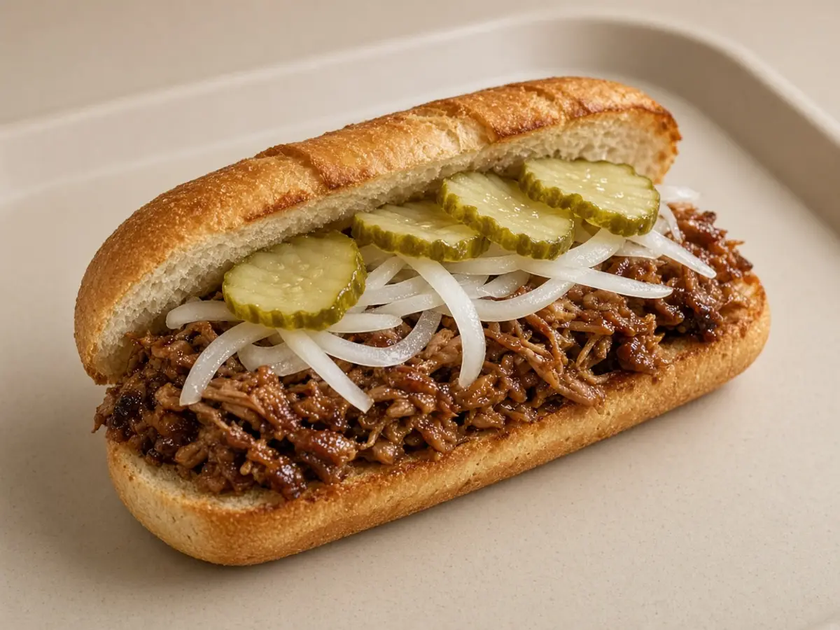 Original food photograph of a boneless pork sandwich with onions and pickles on a long bun for the McDonald's McRib 2026 return, not an official logo.