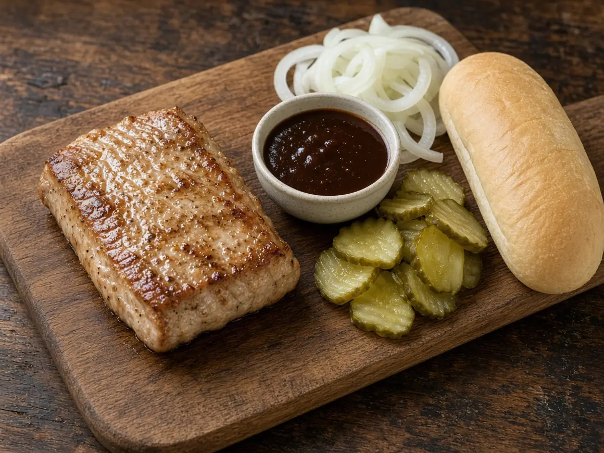 Original food photograph of boneless pork, barbecue sauce, onions, pickles, and a hoagie bun for the McRib build, not a chain logo.