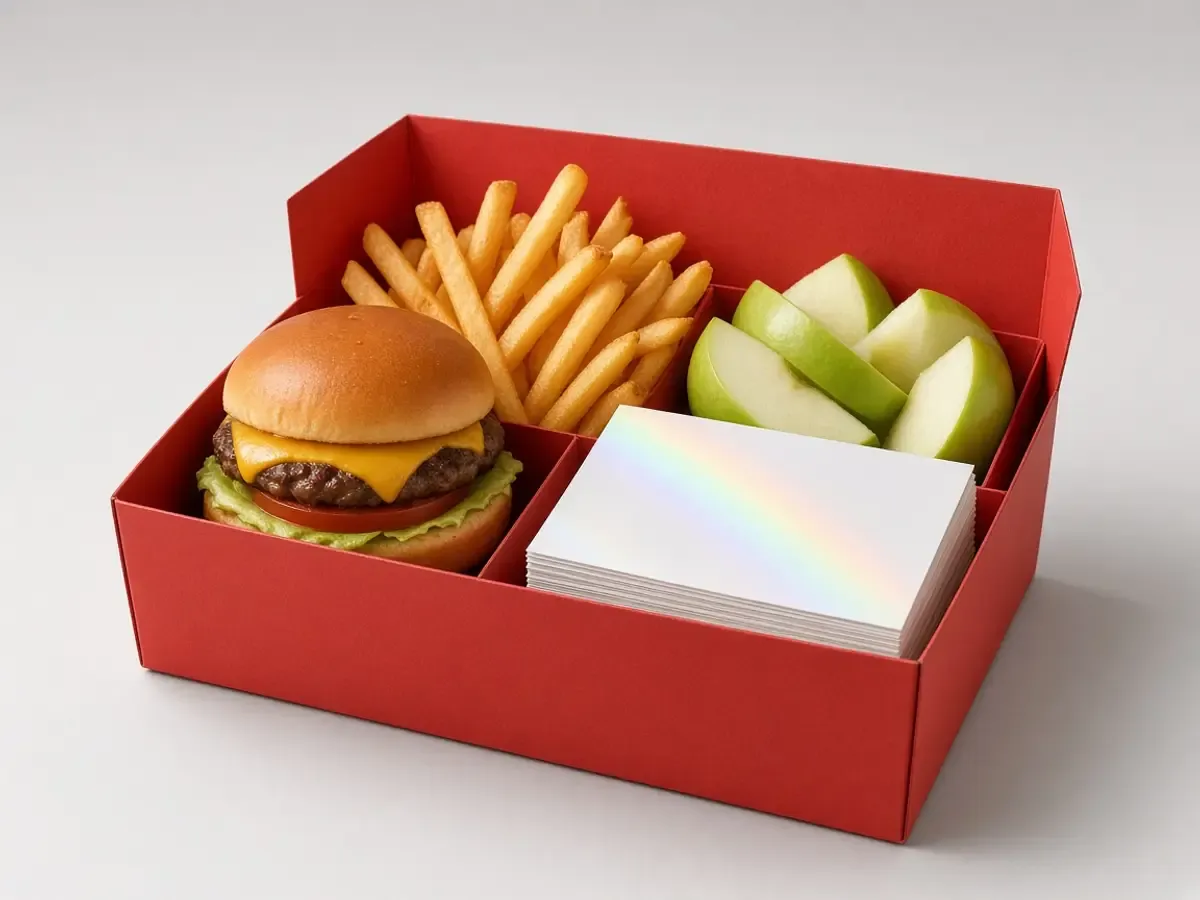 Original food photograph of a plain red meal box with a burger, fries, apple slices, and blank cards, with no logo.