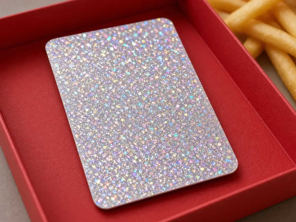 Original photograph of one blank confetti-foil card on a plain red tray beside fries, with no logo.