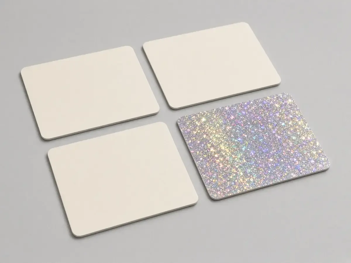 Original photograph of four blank trading cards, one with a confetti foil sheen and no characters or logos.