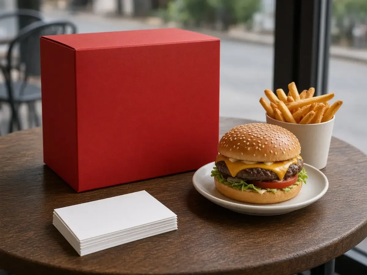 Original photograph of a plain red meal box and blank cards on a cafe table by a window, with no logo.