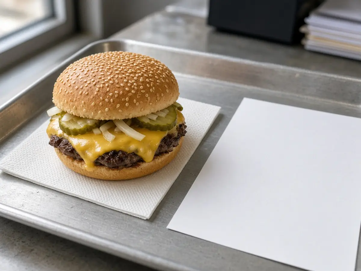Original food photograph of a cheeseburger meal beside a blank sheet of paper, because the newsroom archive did not list the $8 offer.