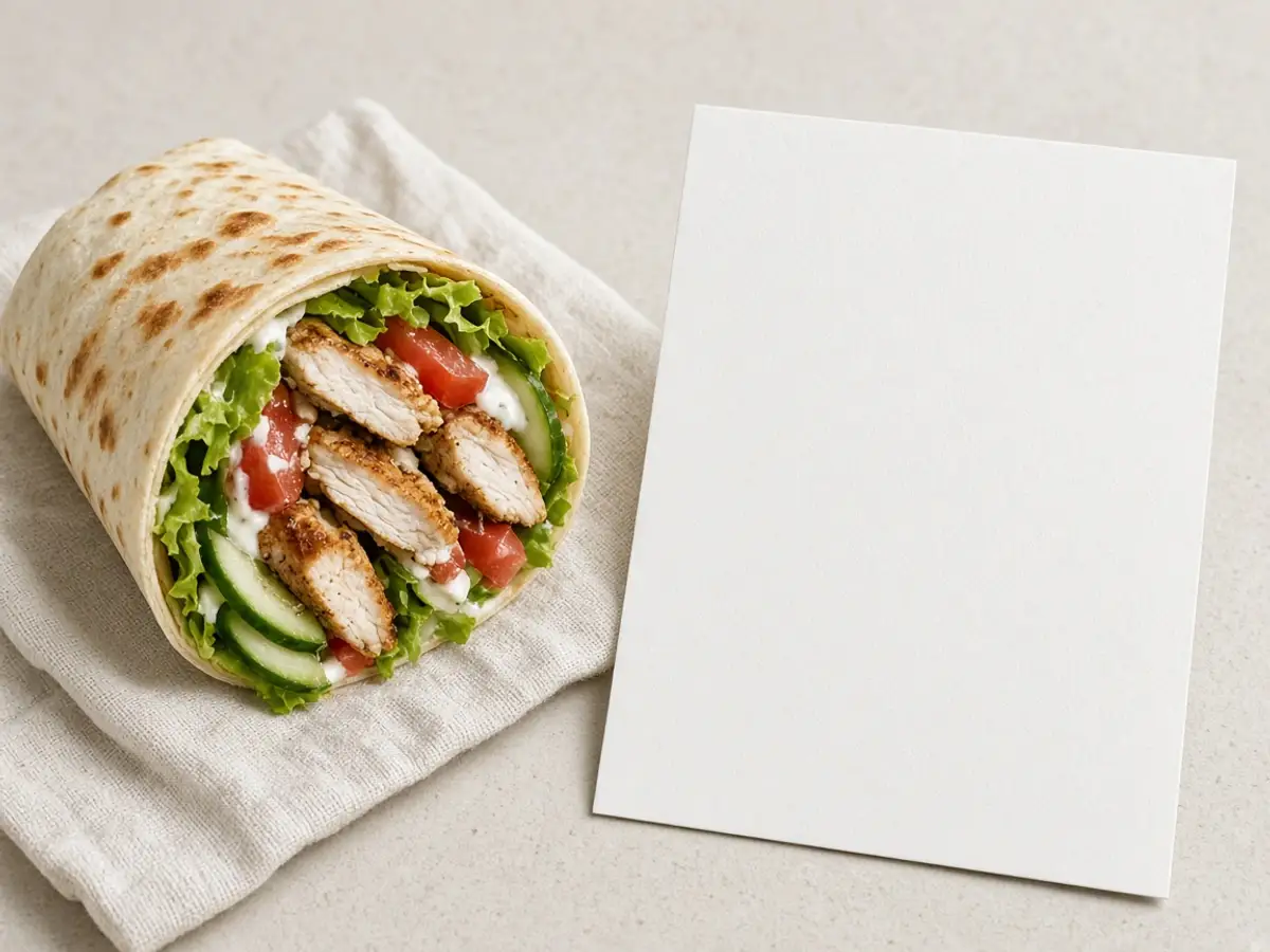 Original food-photo illustration of a chicken wrap beside a blank card for McDonald's Snack Wrap menu prices, not an official logo or product photo.
