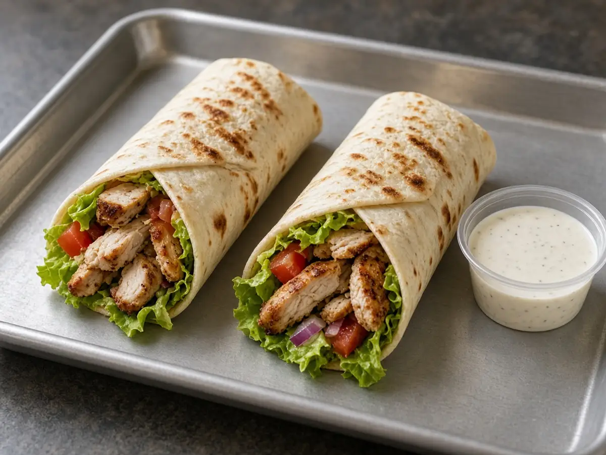 Original food-photo illustration of two small chicken wraps on a tray, one with a cup of ranch for McDonald's Snack Wrap menu prices, not an official logo or product photo.