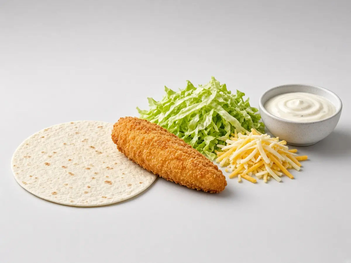 Original food-photo illustration of a flour tortilla, a chicken strip, shredded lettuce, cheese, and sauce for McDonald's Snack Wrap menu prices, not an official logo or product photo.