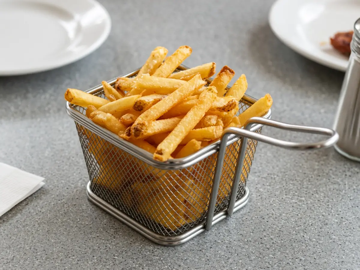 Original food photograph of a basket of french fries served as a side, with no logo and no drink branding.