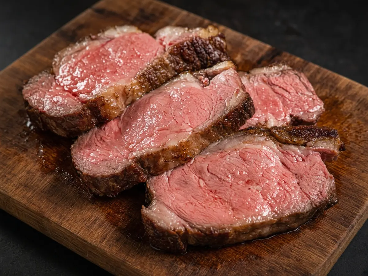 Original food photograph of sliced prime rib on a wooden board, the protein named in the Red Robin release, with no logo.