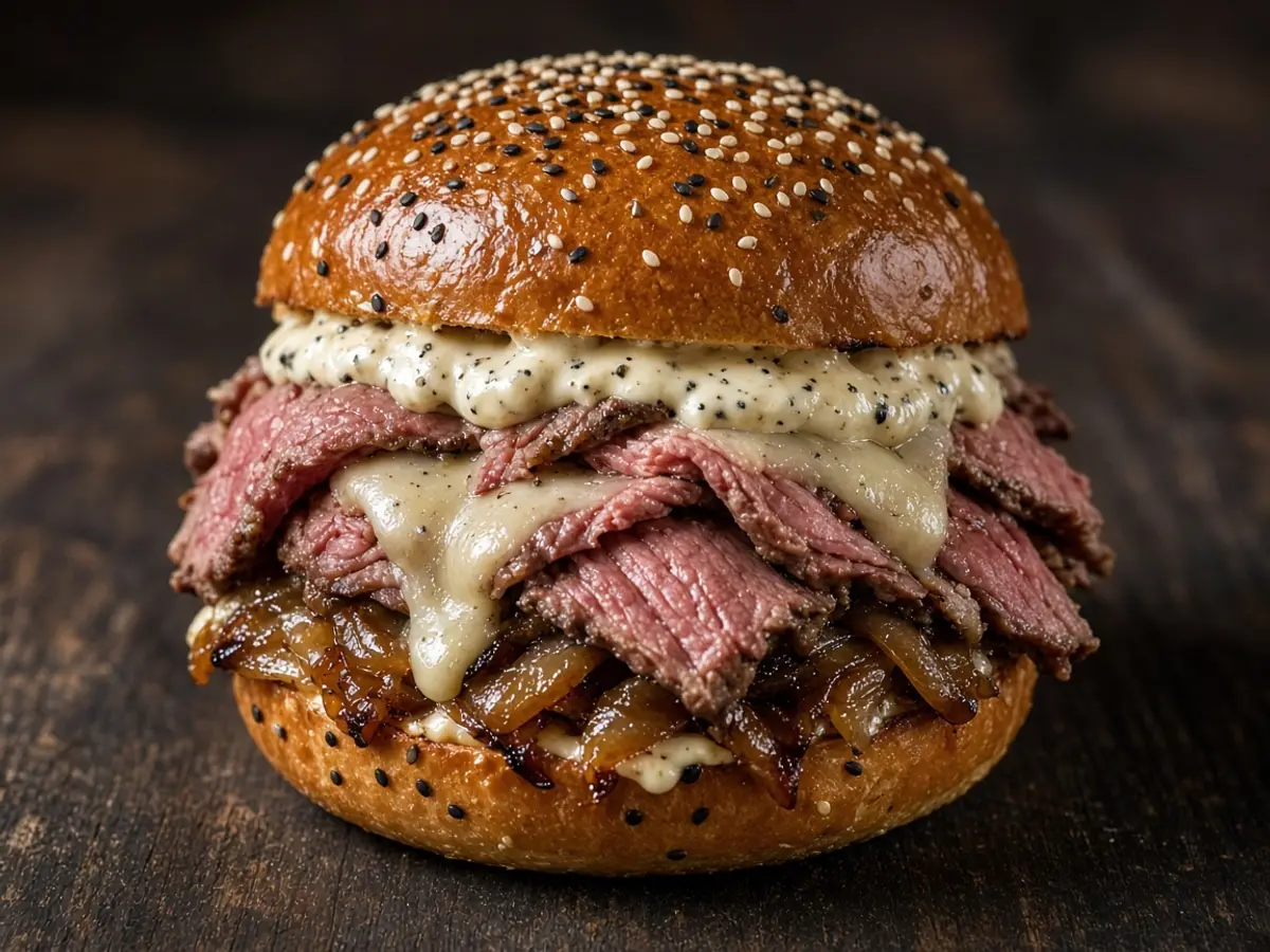 Original food photograph of a sesame-bun burger stacked with sliced prime rib, Monterey Jack, and caramelized onions, with no logo.