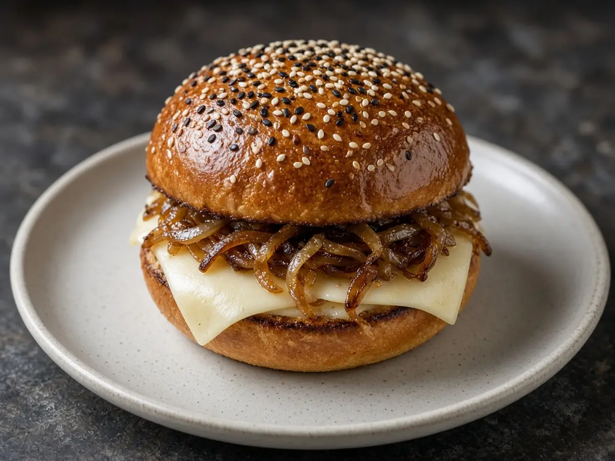 Original food photograph of a black and white sesame bun, Monterey Jack, and caramelized onions, with no logo.