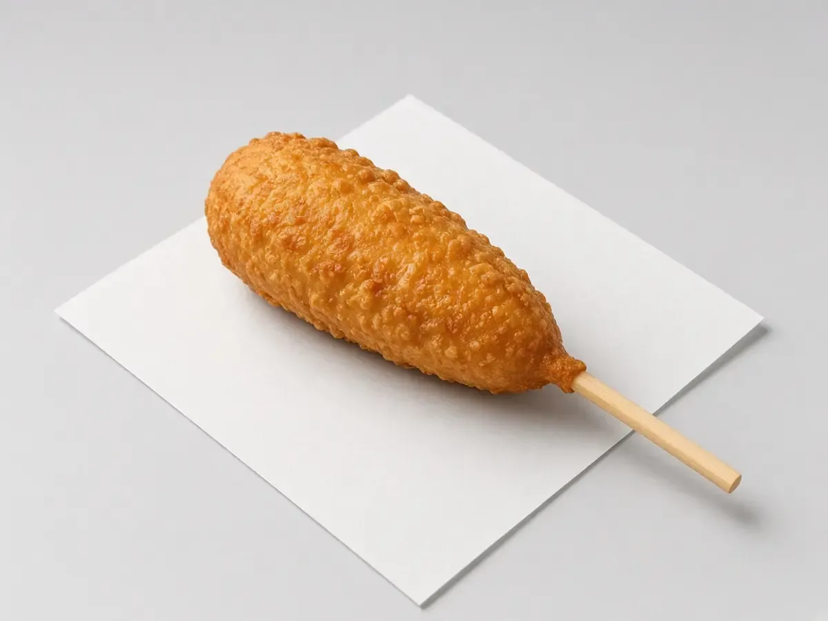 Original food photograph of one golden corn dog on a plain wooden stick, with no logo and no text.