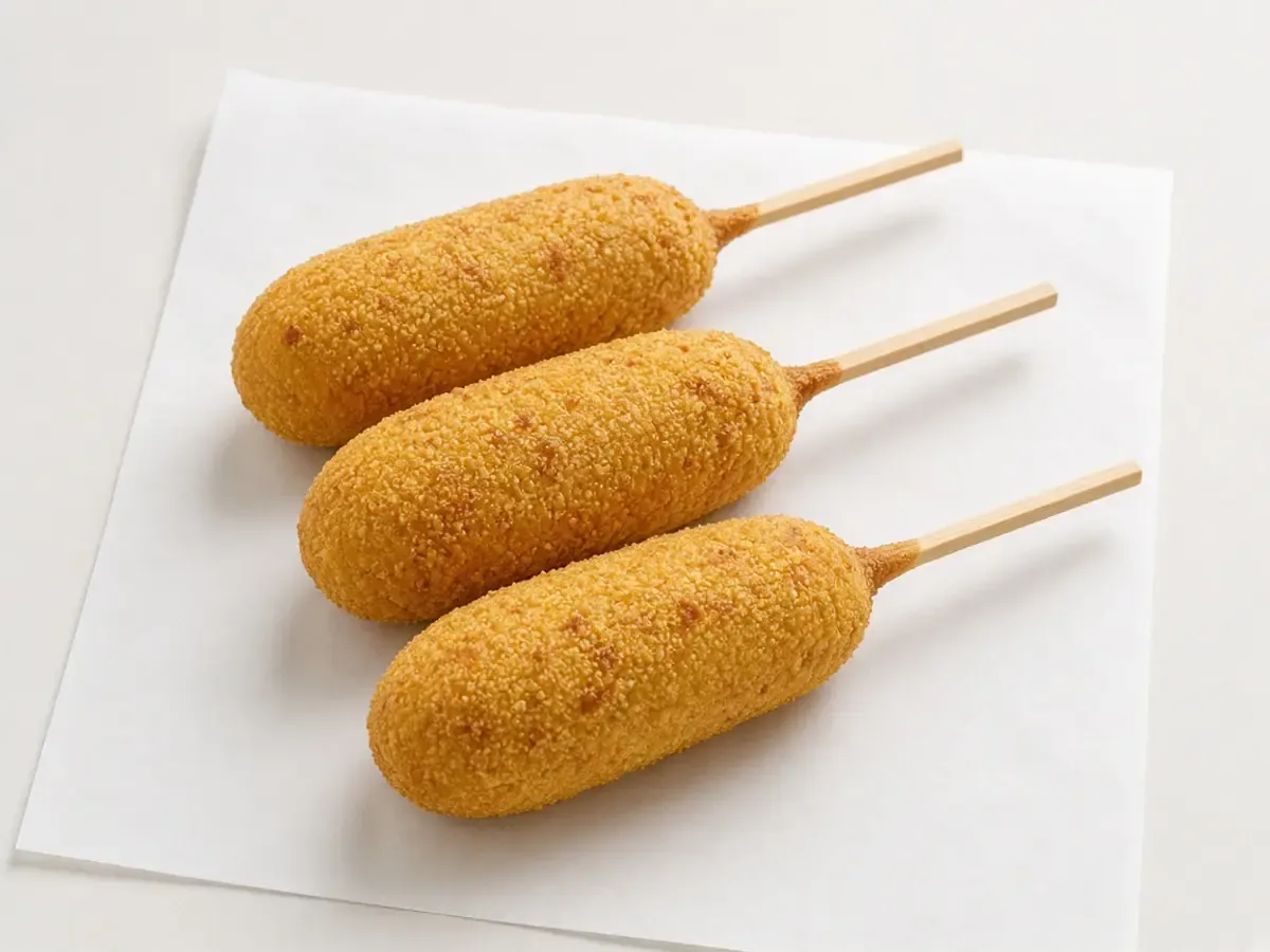 Original food photograph of three golden corn dogs on plain sticks, with no logo and no text.