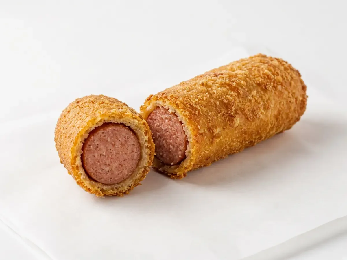 Original food photograph of a corn dog cut open to show the hot dog inside the batter, with no logo.