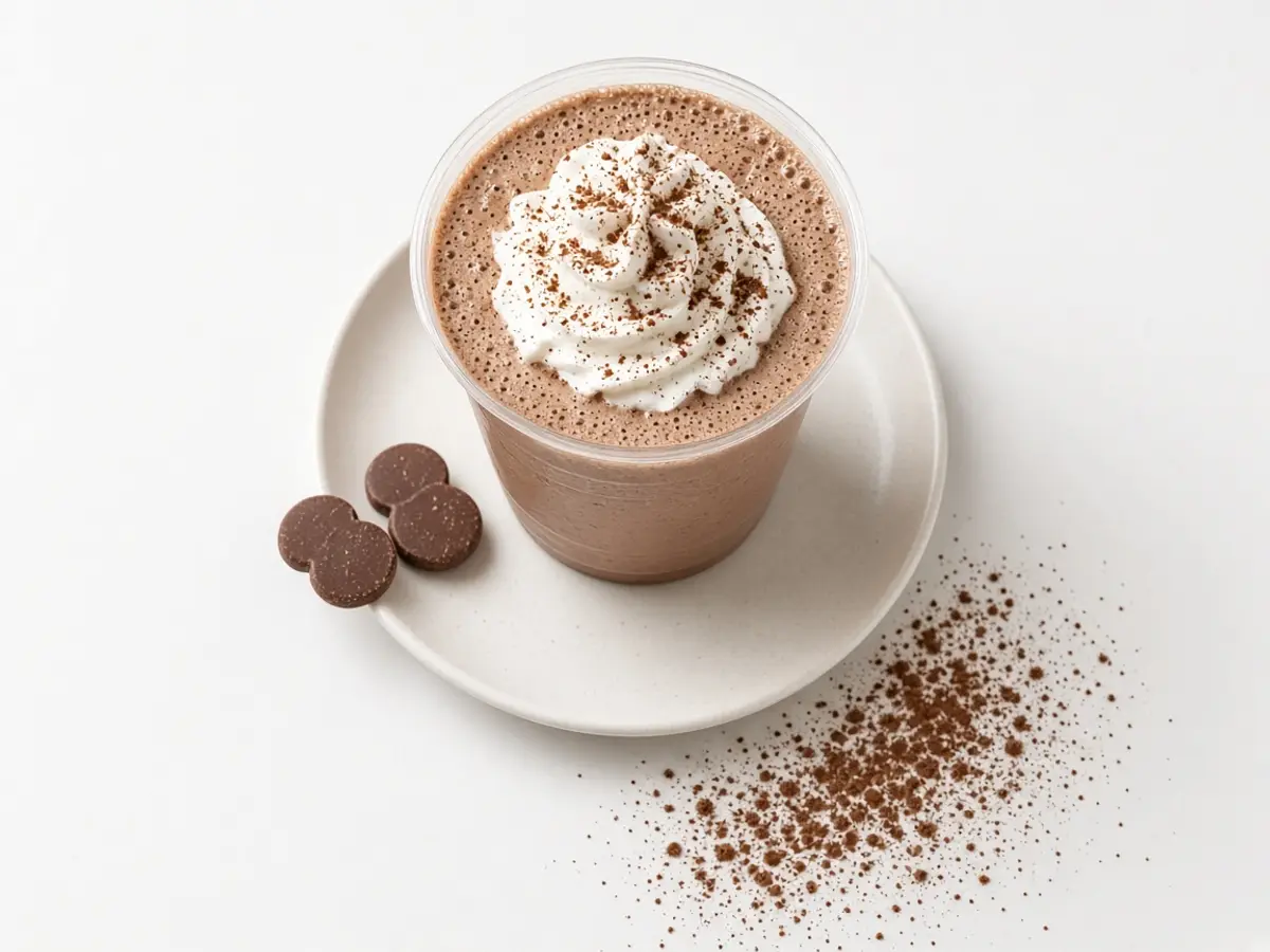 Original overhead food photograph of a chocolate blended drink, whipped cream, and two plain chocolate ear shapes on a saucer.