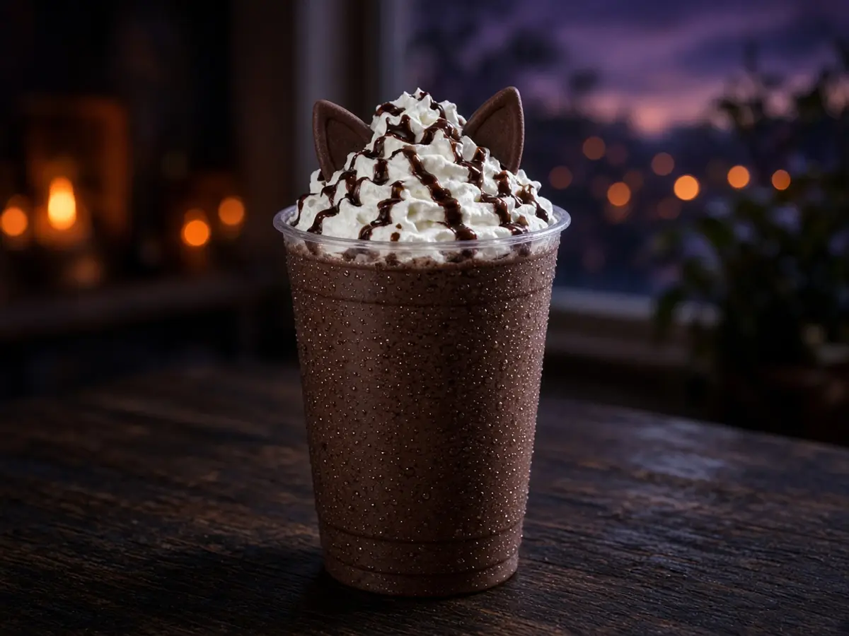Original food photograph of a dark chocolate blended drink with whipped cream and chocolate ear shapes, with no logo and no cartoon cat.