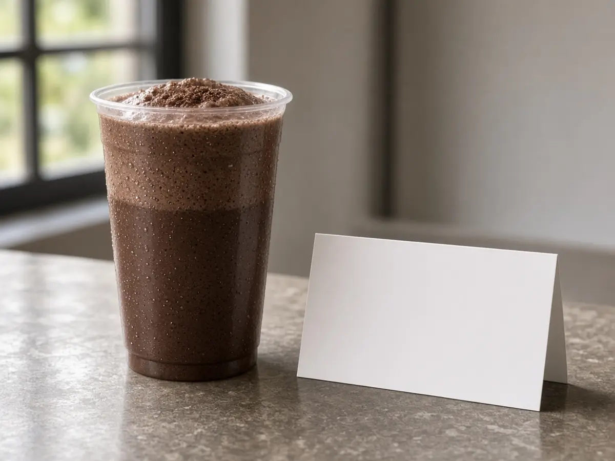 Original food photograph of one clear cup of a dark cocoa blended drink, the grande-only size Starbucks listed for this Halloween beverage.