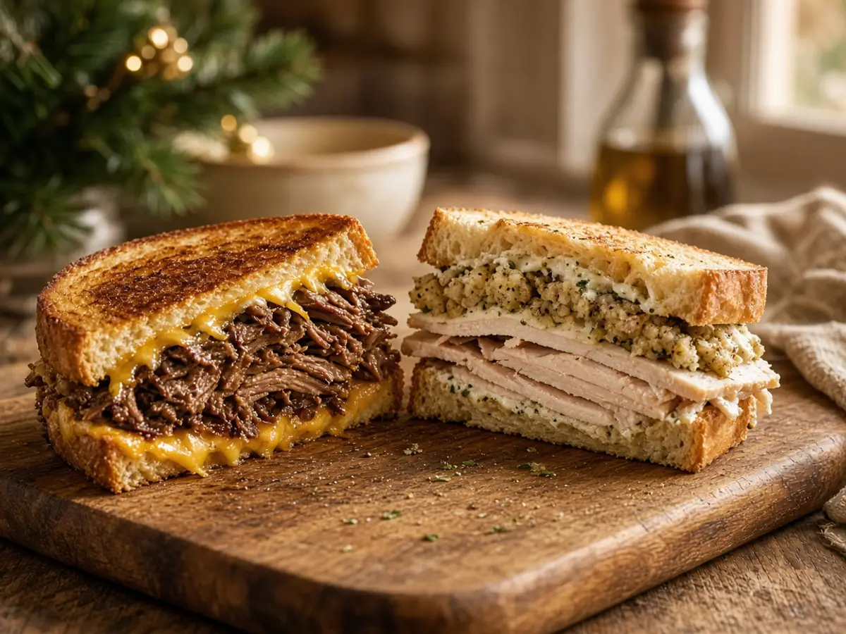 Original food photograph of a grilled cheese with braised beef beside a turkey sandwich with stuffing, with no cartoon characters.