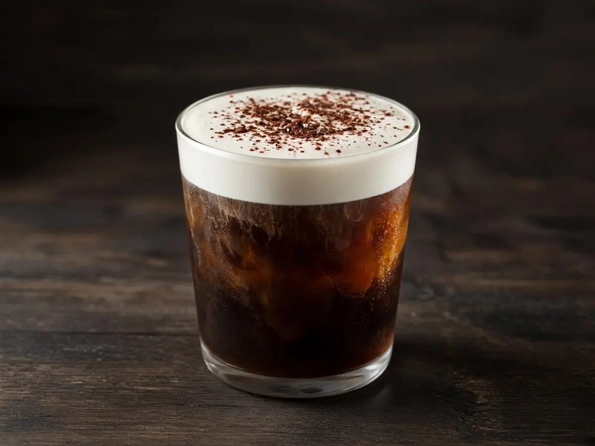 Original food photograph of a glass of cold brew topped with white foam and a dusting of cocoa and ground coffee.