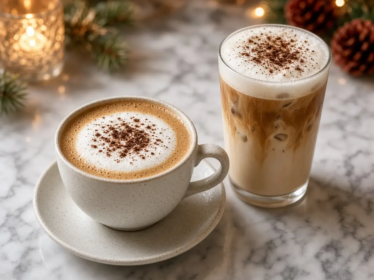 Original food photograph of a hot latte and an iced latte topped with white foam and cocoa dust, with no logo and no characters.