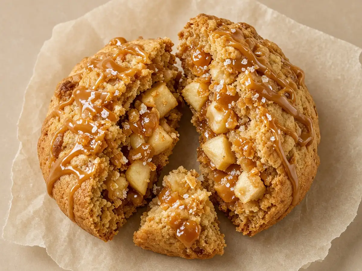 Original food photograph of a broken cookie showing apple pieces, caramel chips, and caramel icing, with no logo.