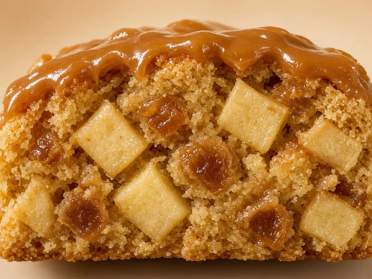 Original food photograph of a cookie cross-section with apple chunks and caramel pieces in the crumb, with no logo.