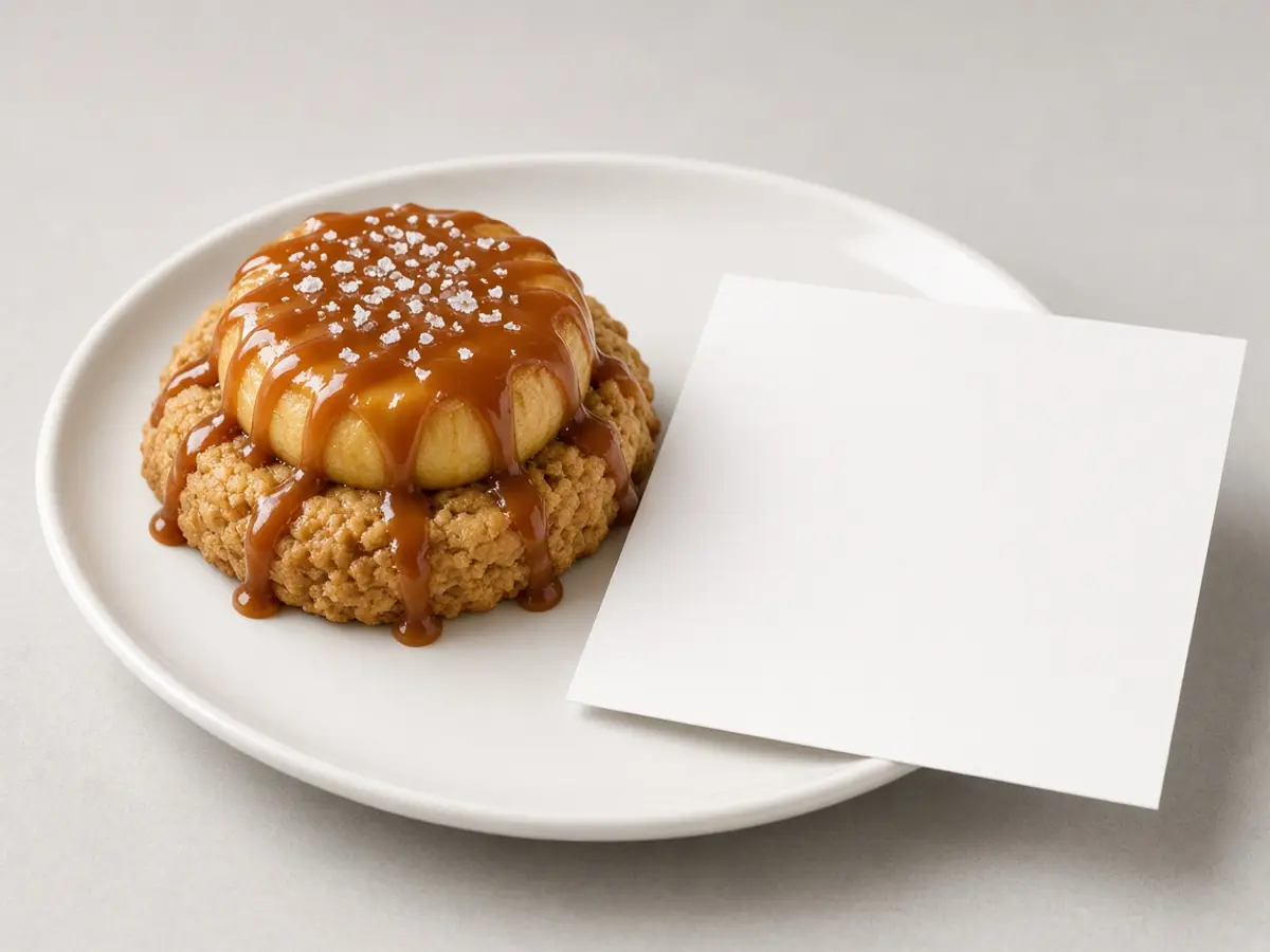 Original food photograph of a caramel apple cookie beside a blank card, with no logo and no readable text.