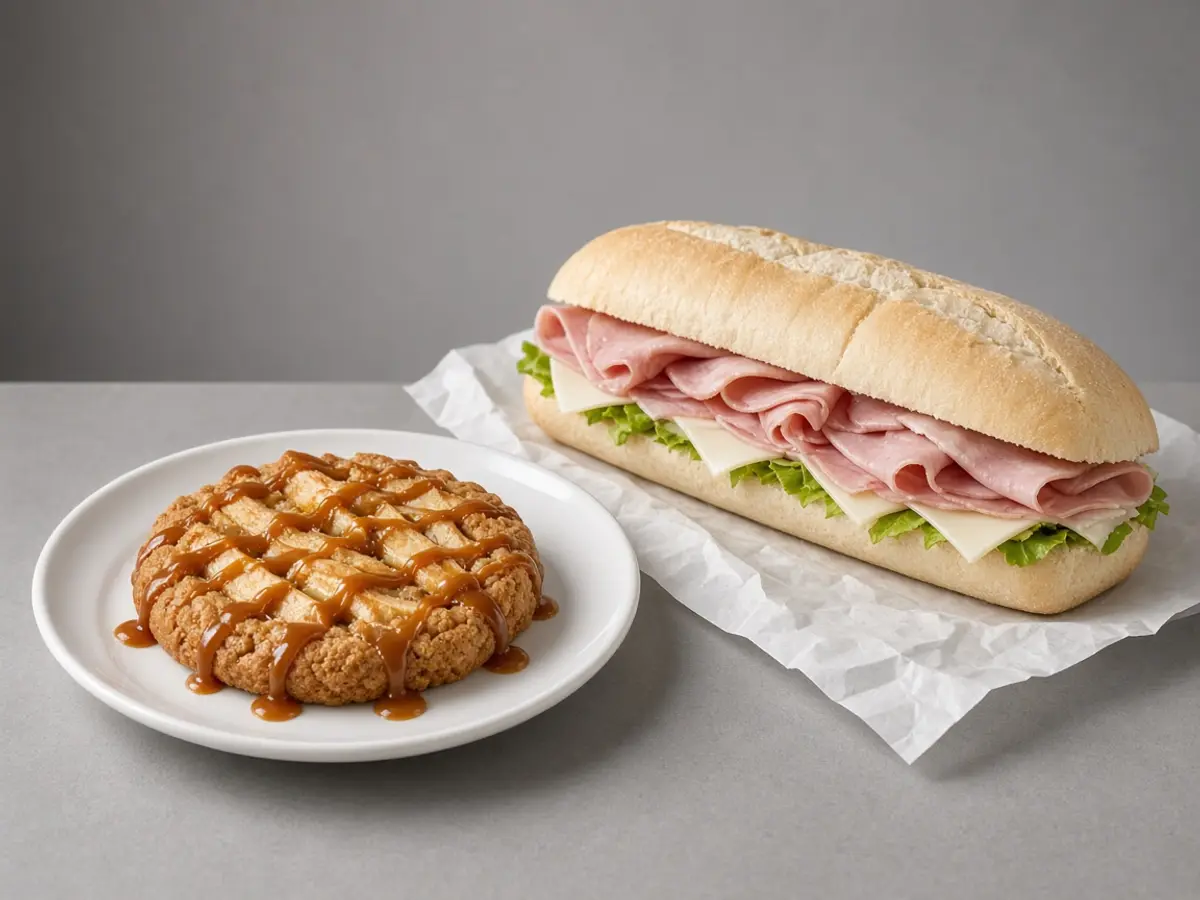 Original food photograph of a caramel apple cookie beside a plain footlong sub on deli paper, with no logo.