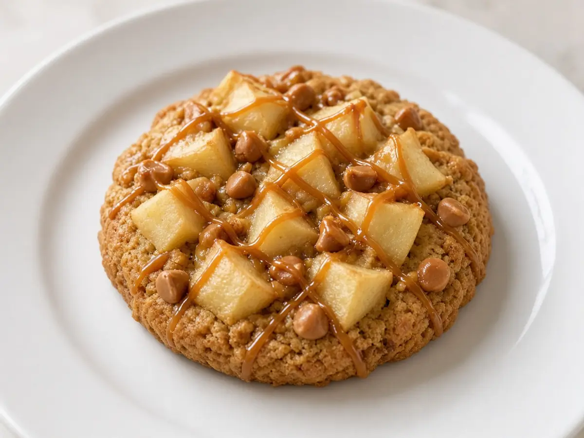 Original food photograph of a cookie with apple pieces and a caramel drizzle on a white plate, with no logo.