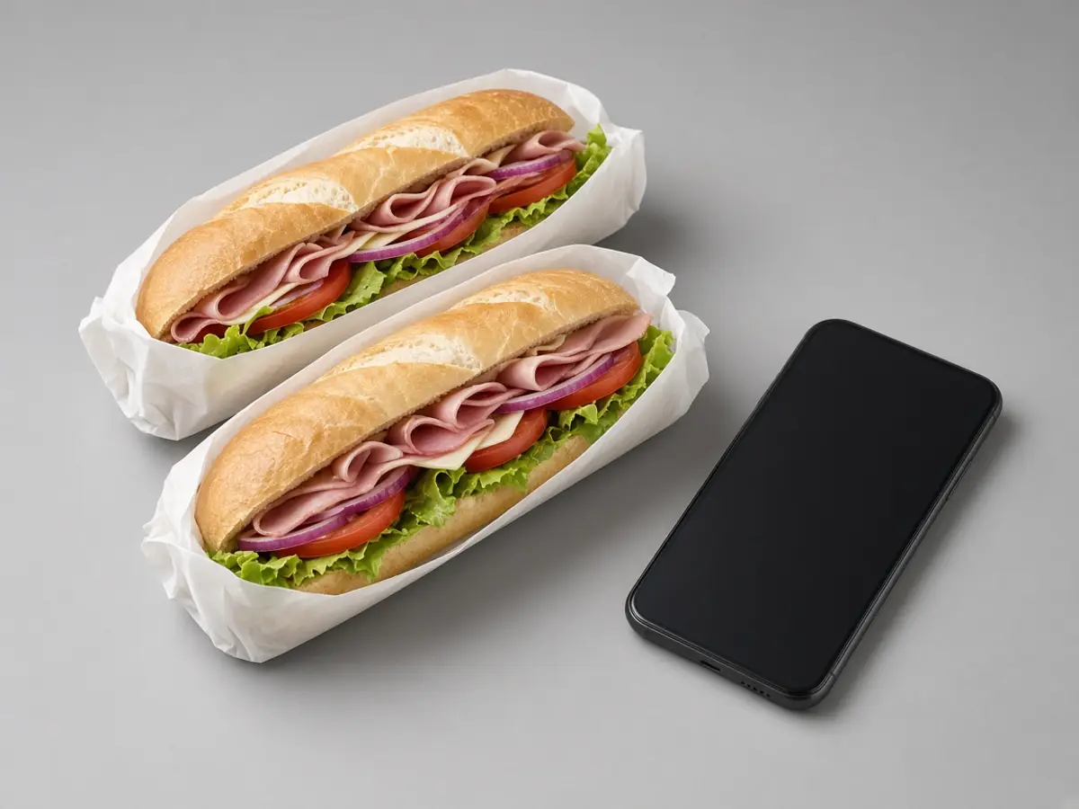 Original food photograph of two footlong subs beside a phone with a blank screen, with no logo and no text.