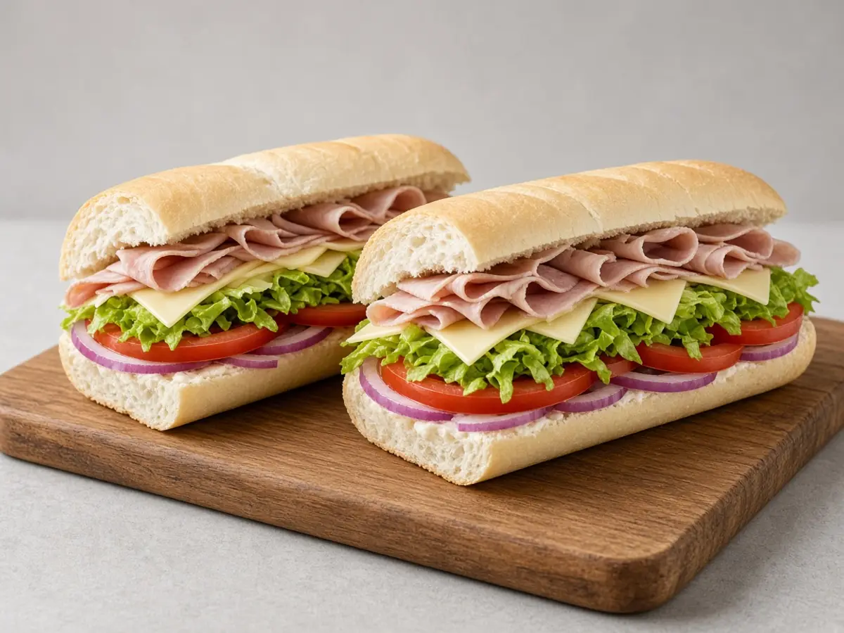 Original food photograph of two footlong subs cut open to show the fillings, with no logo.
