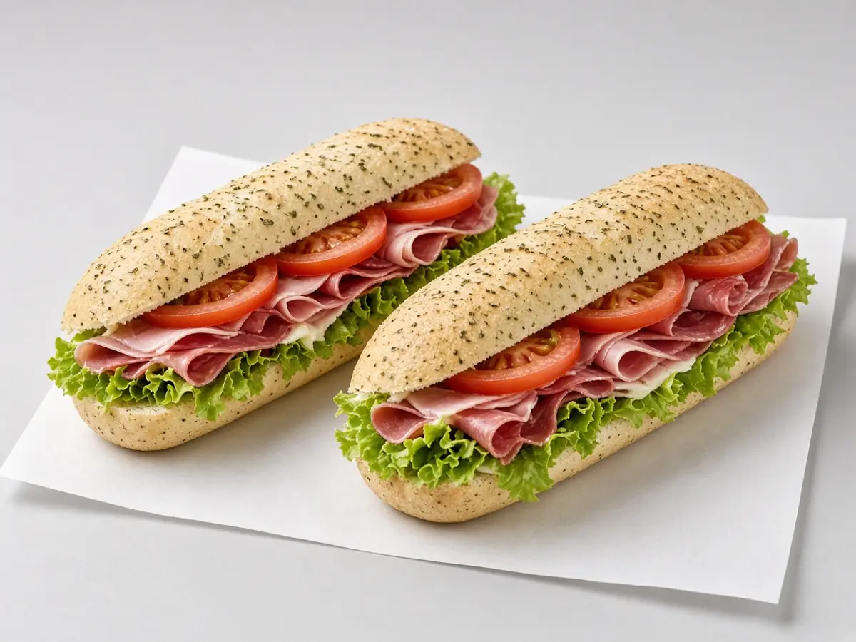 Original food photograph of two footlong subs side by side on plain deli paper, with no logo and no text.