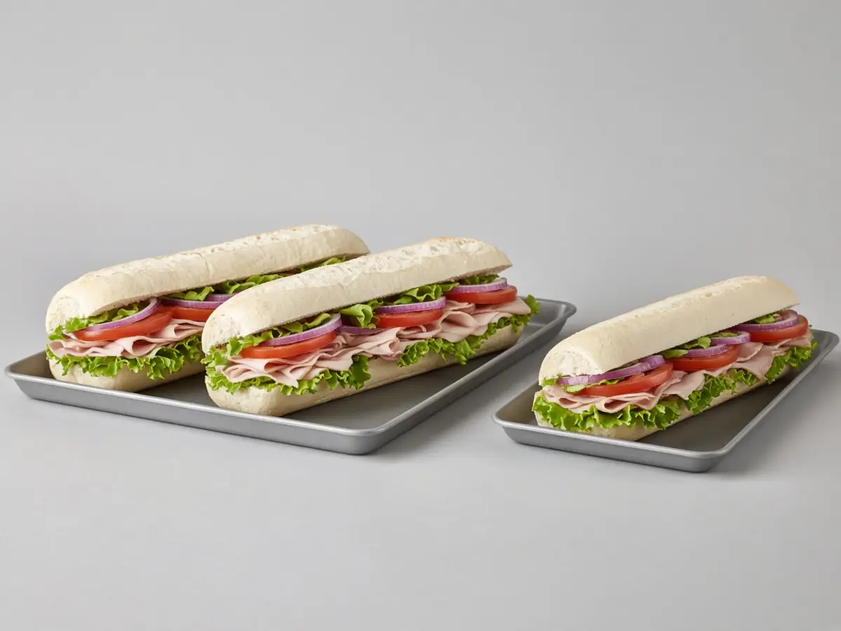 Original food photograph of two footlongs on a tray and one sandwich set apart, with no logo and no text.