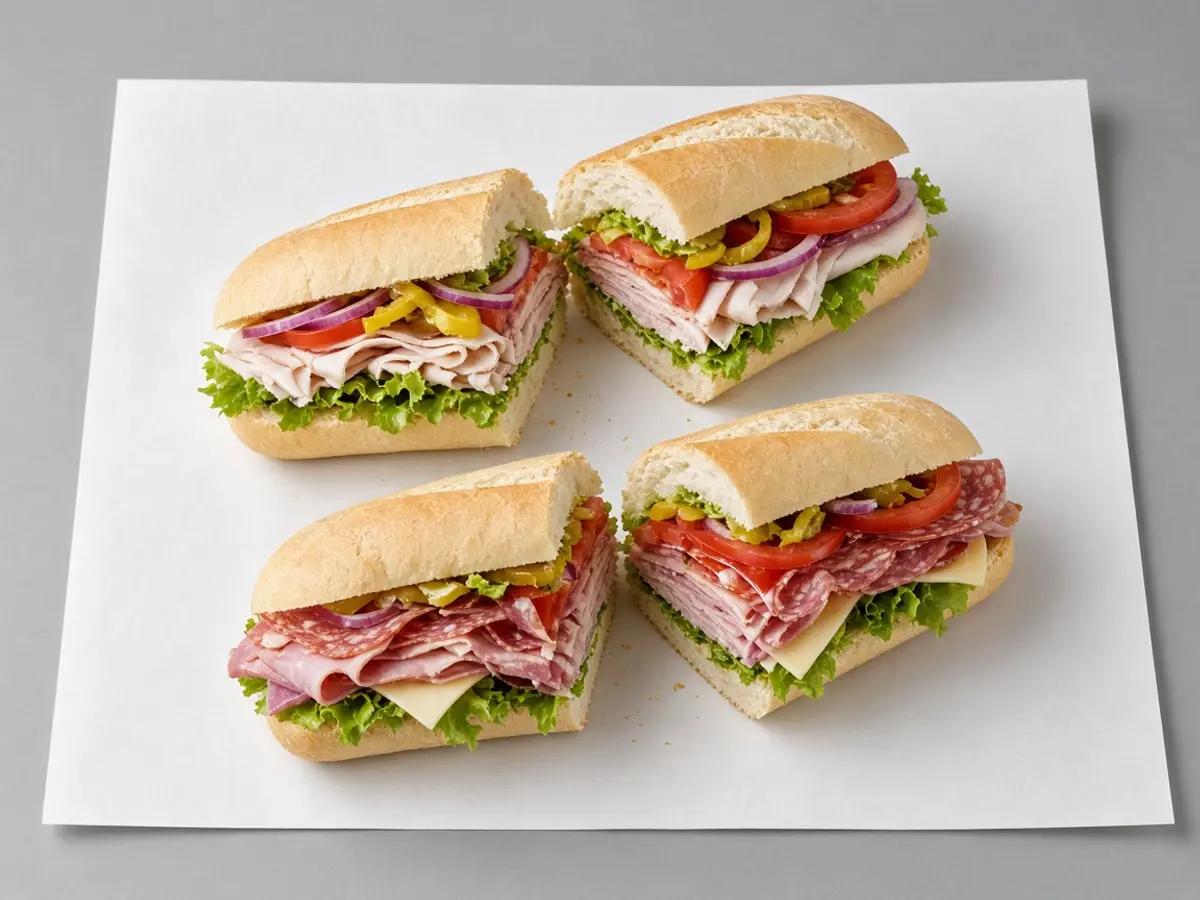 Original food photograph of two cut footlong subs showing meats and vegetables, with no logo.