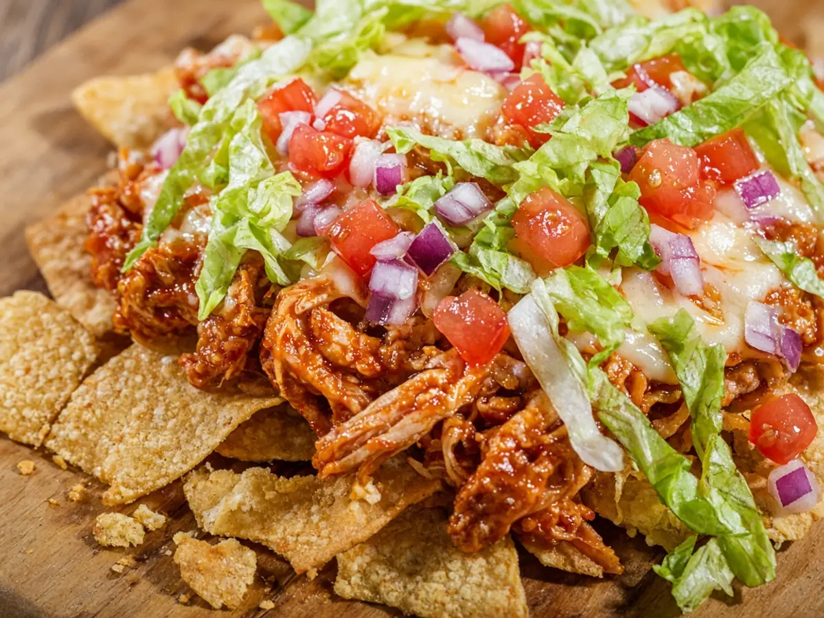 Original food photograph of corn chips, sauced chicken, lettuce, tomato, onion, and melted cheese on a board.