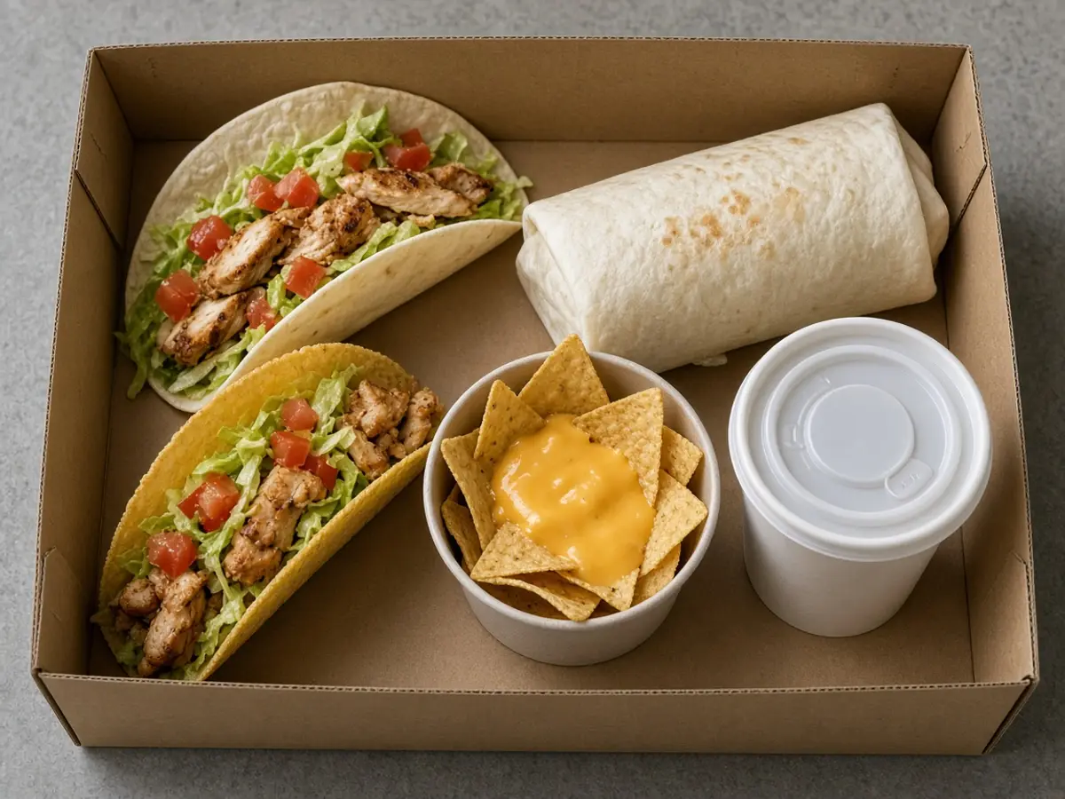 Original food photograph of a plain box with a chicken taco, a burrito, a hard-shell taco, chips, and a drink for the nine-dollar Baja deal.