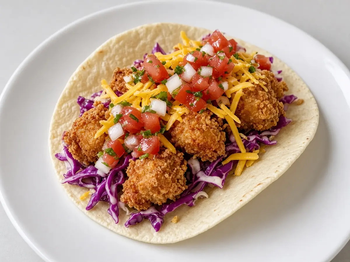 Original food photograph of a chicken soft taco with purple cabbage slaw and pico de gallo for the Taco Bell Baja Chicken Sacramento test.