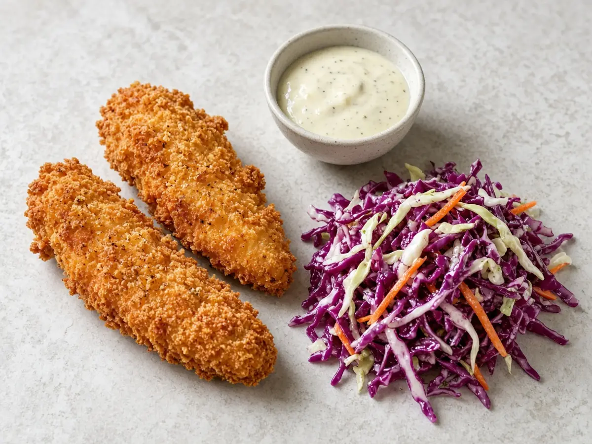 Original food photograph of two chicken strips with cabbage slaw and a plain sauce cup for the Taco Bell Baja Chicken test.
