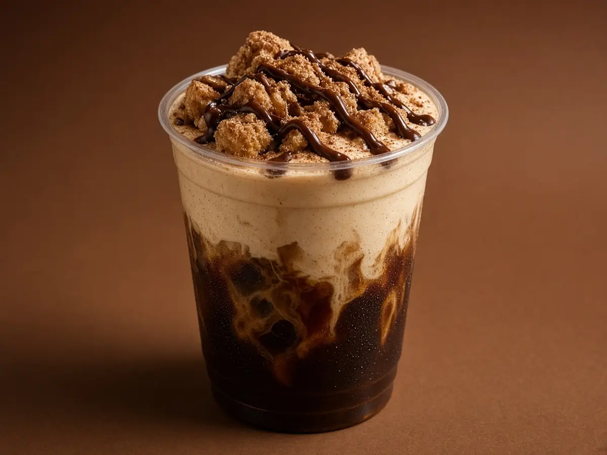 Original food photograph of a chocolate horchata cold brew float with churro crumbs and chocolate drizzle, with no logo.