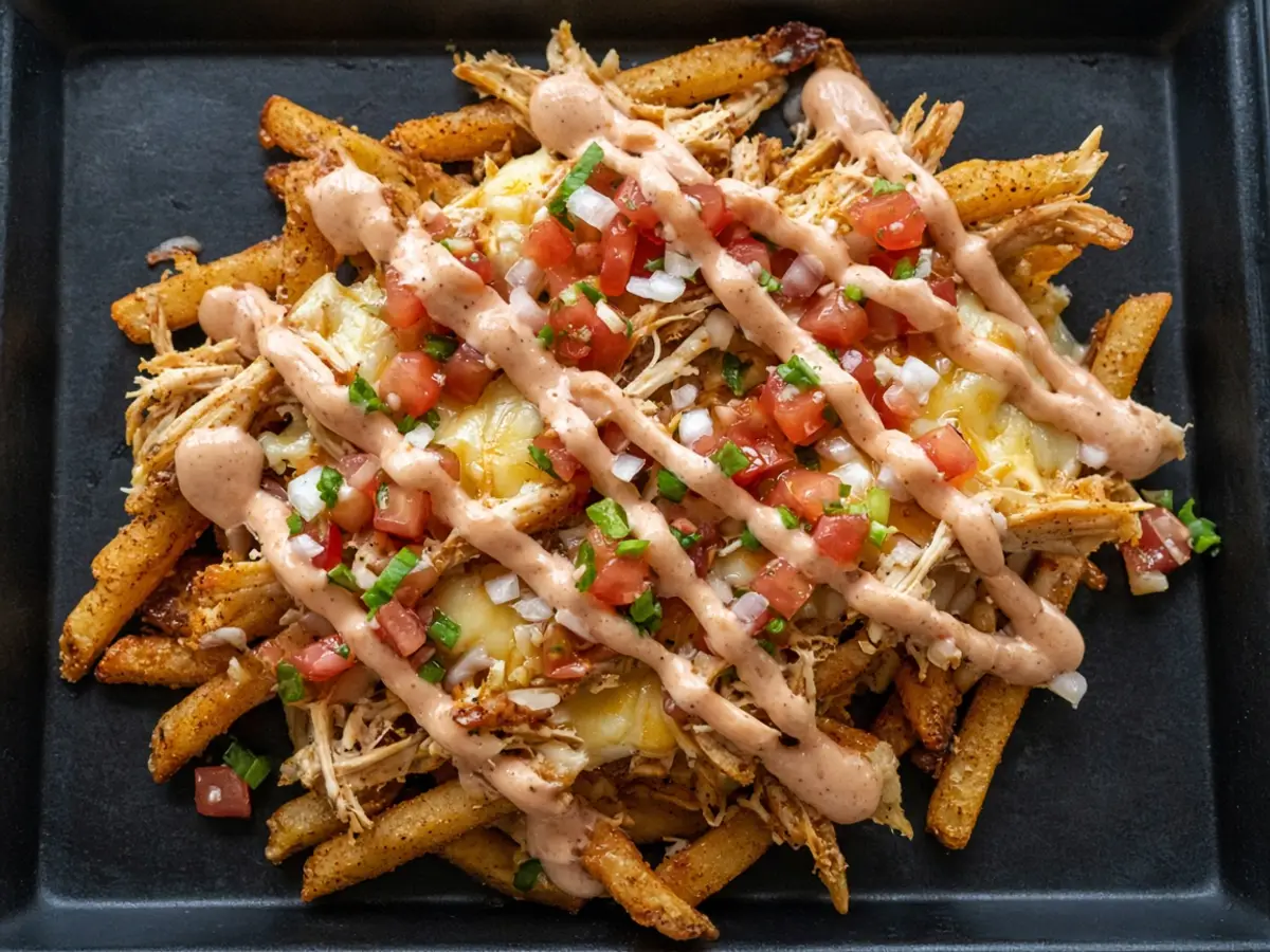 Original food photograph of seasoned fries with chicken, melted cheese, pico, and a pink sauce, with no logo.
