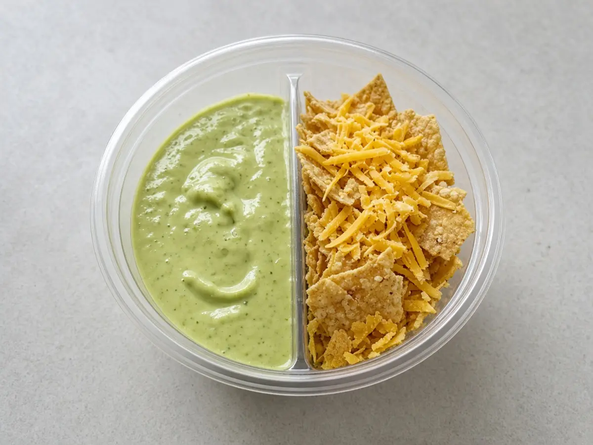 Original food photograph of a divided cup with creamy sauce on one side and crushed chips with cheese on the other.